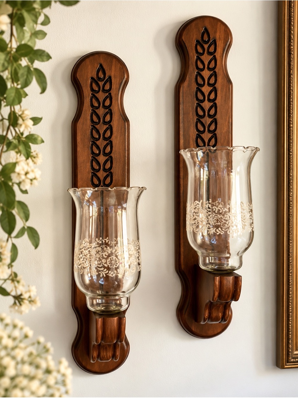 Vintage Wood Wheat Wall Sconces Etched Glass Hurricane Pair